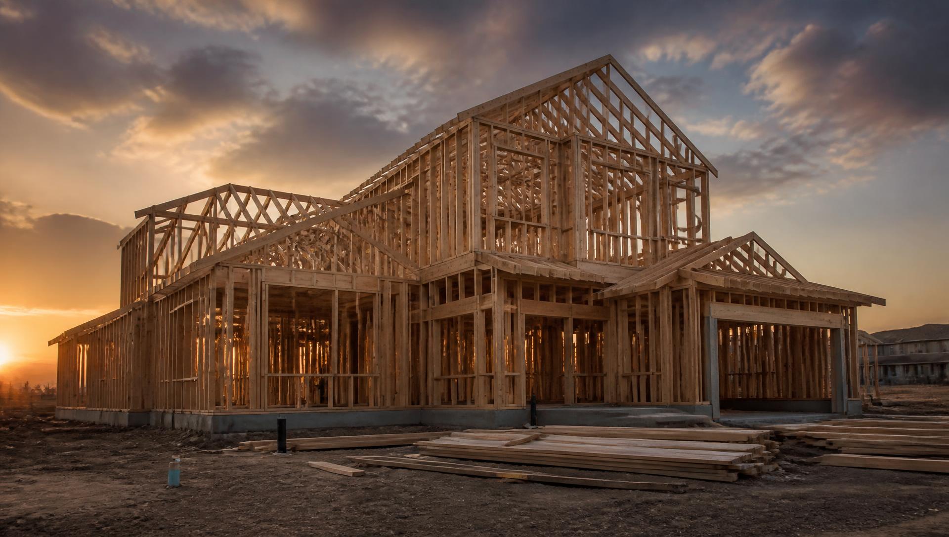 Large residential home under construction at framing stage