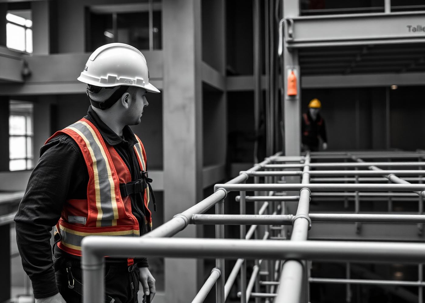 Construction worker in safety equipment on an organized jobsite